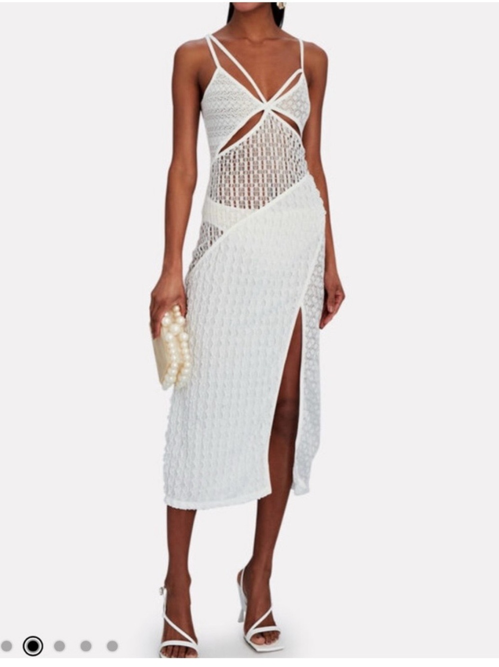 For Love & Lemons White Crochet Cutout Midi Dress with Slit